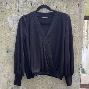 ZARA Semi Sheer V-neck Top, Ribbed, Black, Small